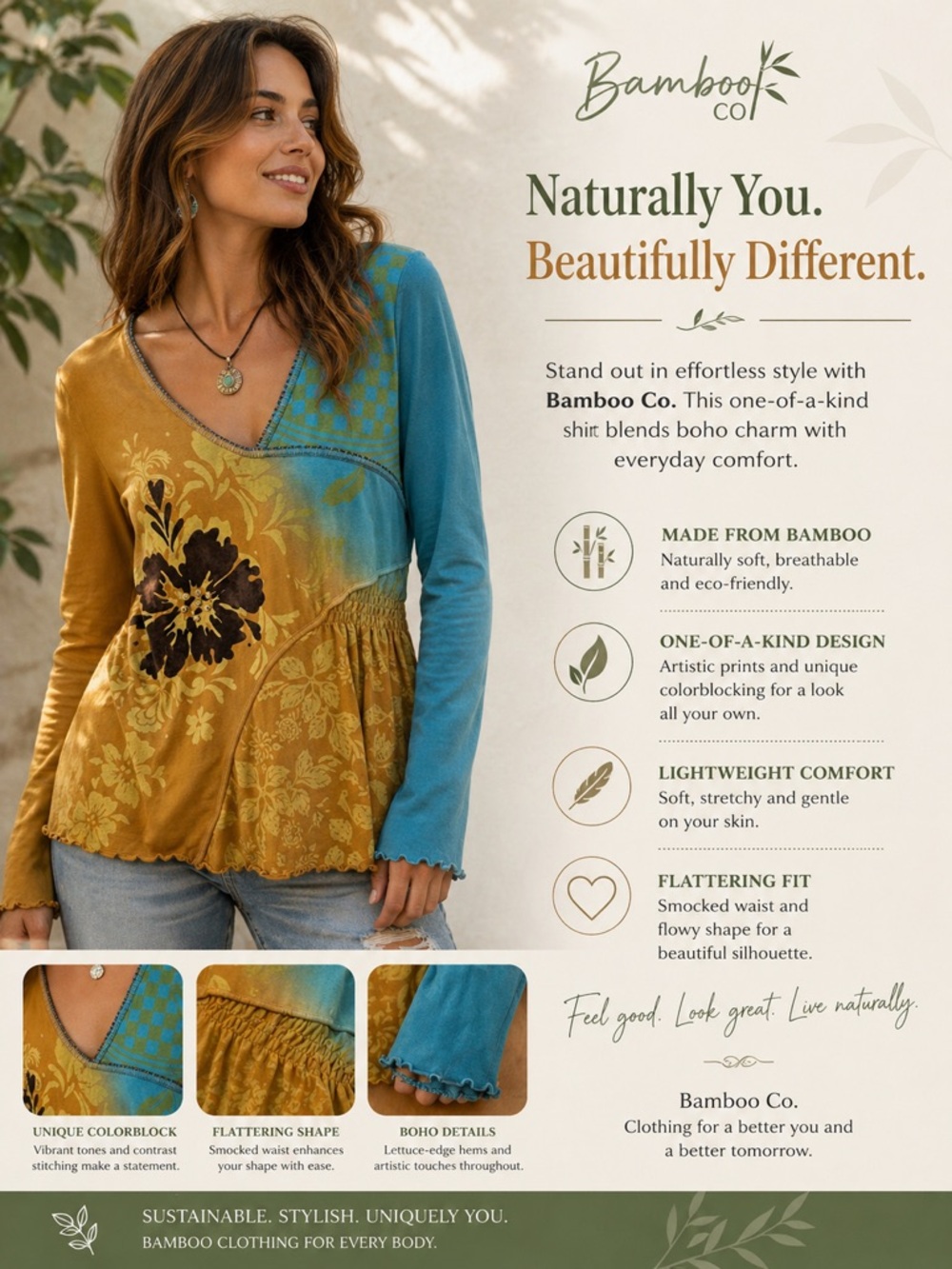 BAMBOO Colorblock V-Neck Peplum Top in brown & Teal Blue xl